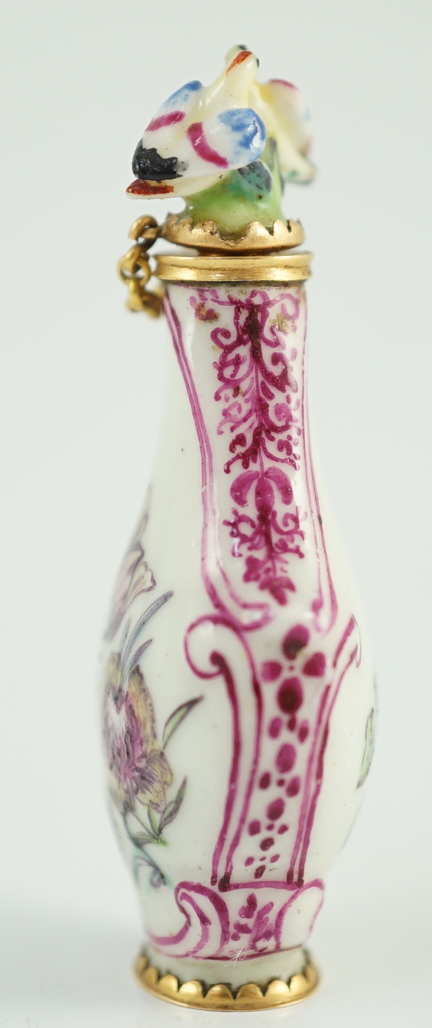 A good Chelsea or St James (Charles Gouyn) gold mounted porcelain scent bottle, c.1755